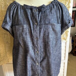 THEORY Velvela Chambray Denim Blue Linen Gathered Top